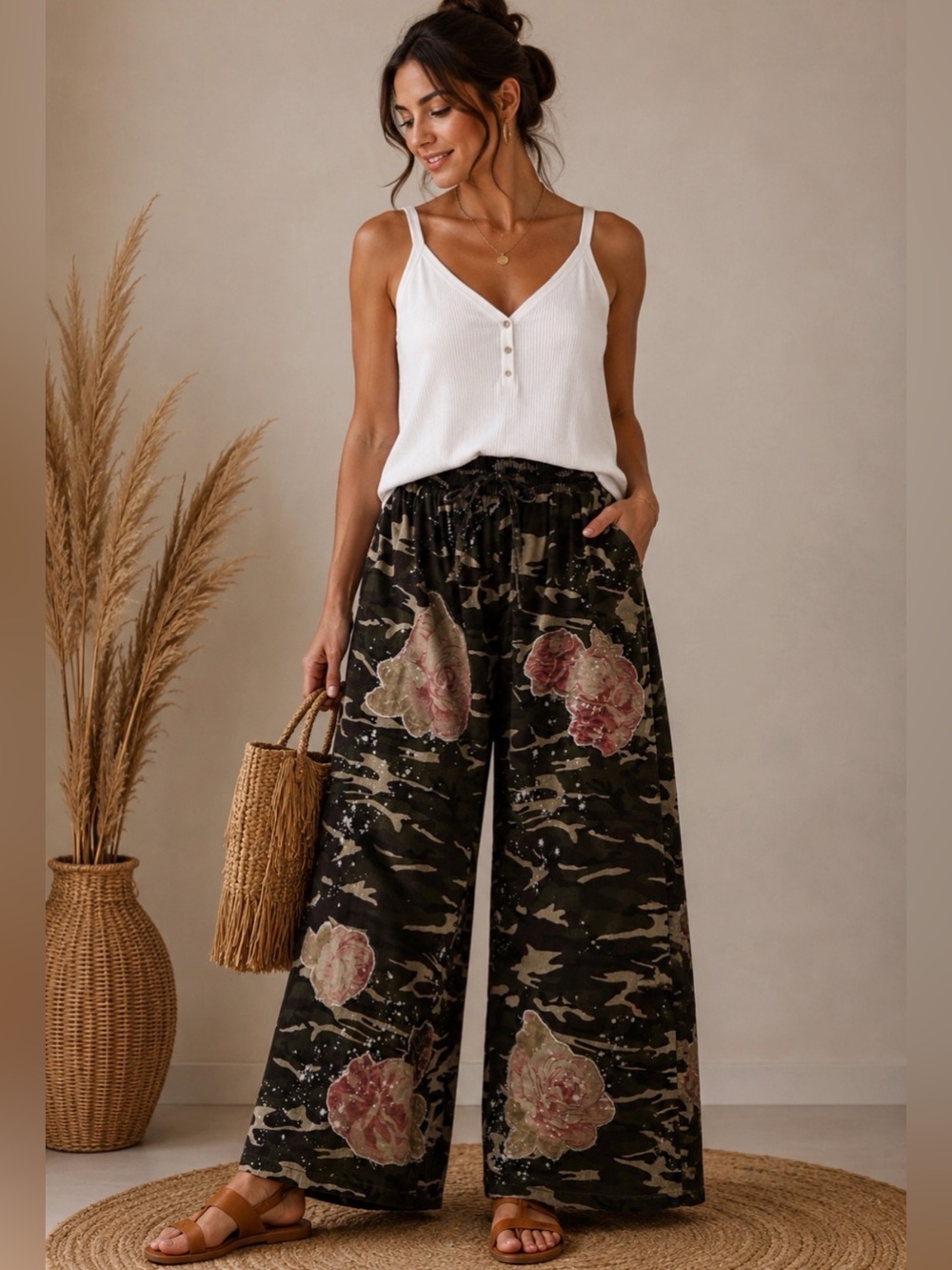 BLUEVELVET🌸 Camo Print Flower Patchwork Wide Leg Pants